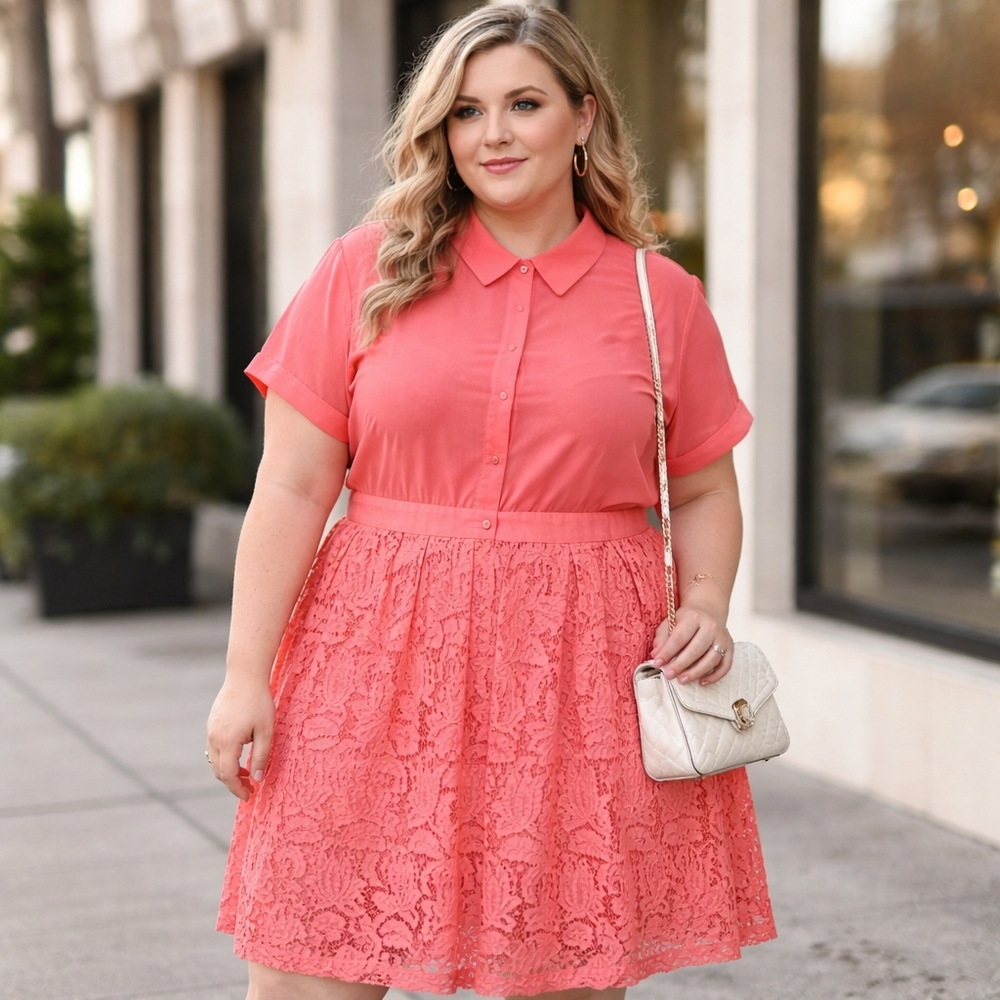 Addition Elle Plus Size 16 Coral Pink Lace Short Sleeve Skater Dress